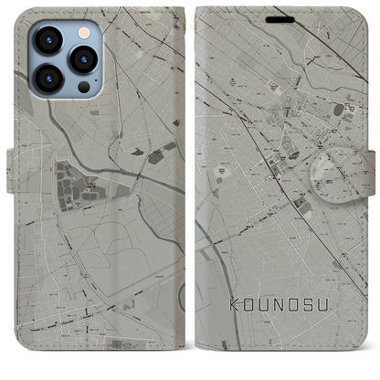 【鴻巣（埼玉県）】地図柄iPhoneケース（手帳タイプ）モノトーン・iPhone 13 Pro Max 用