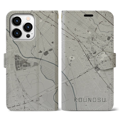 【鴻巣（埼玉県）】地図柄iPhoneケース（手帳タイプ）モノトーン・iPhone 13 Pro 用