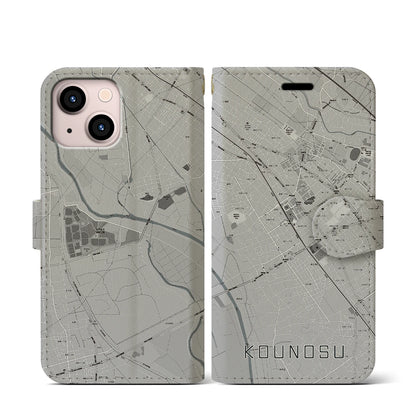 【鴻巣（埼玉県）】地図柄iPhoneケース（手帳タイプ）モノトーン・iPhone 13 mini 用