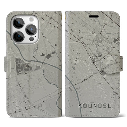 【鴻巣（埼玉県）】地図柄iPhoneケース（手帳タイプ）モノトーン・iPhone 14 Pro 用