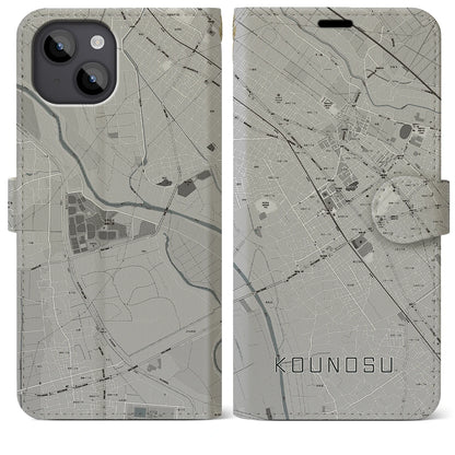 【鴻巣（埼玉県）】地図柄iPhoneケース（手帳タイプ）モノトーン・iPhone 14 Plus 用