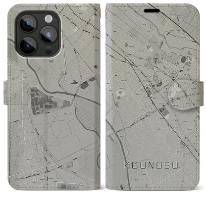 【鴻巣（埼玉県）】地図柄iPhoneケース（手帳タイプ）モノトーン・iPhone 15 Pro Max 用