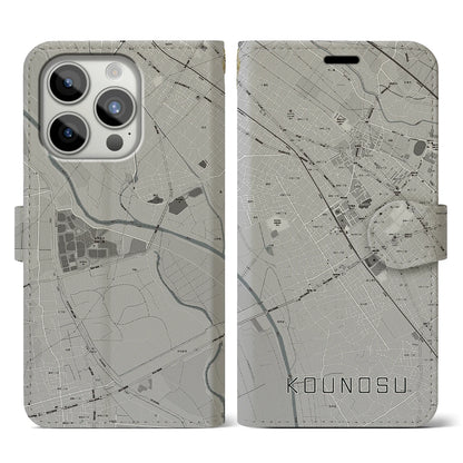 【鴻巣（埼玉県）】地図柄iPhoneケース（手帳タイプ）モノトーン・iPhone 15 Pro 用