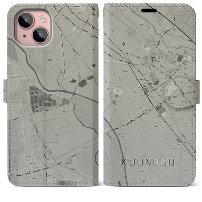 【鴻巣（埼玉県）】地図柄iPhoneケース（手帳タイプ）モノトーン・iPhone 15 Plus 用