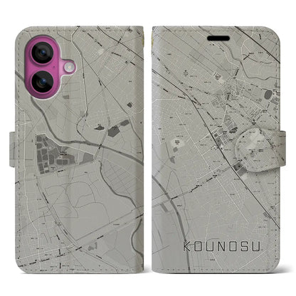 【鴻巣（埼玉県）】地図柄iPhoneケース（手帳タイプ）モノトーン・iPhone 16 Pro 用