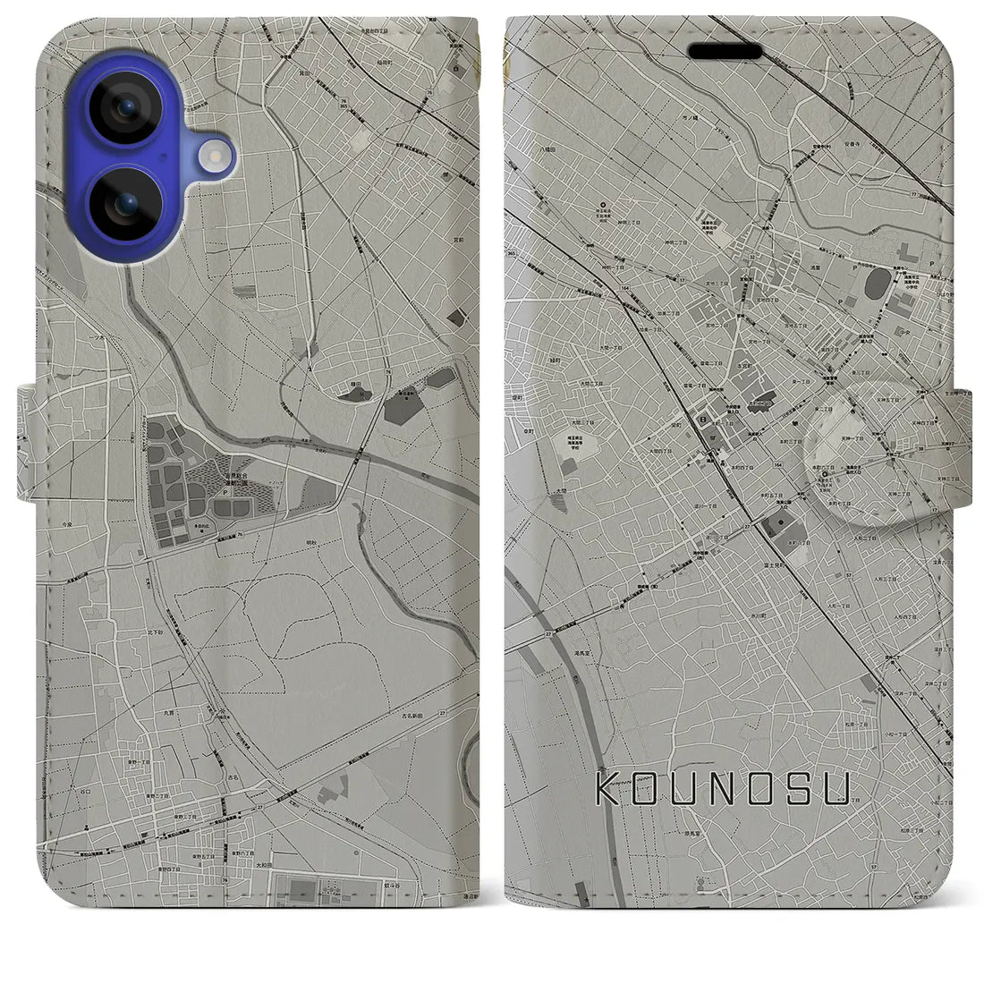 【鴻巣(埼玉県)】地図柄iPhoneケース(手帳タイプ)モノトーン・iPhone 16 Pro Max 用