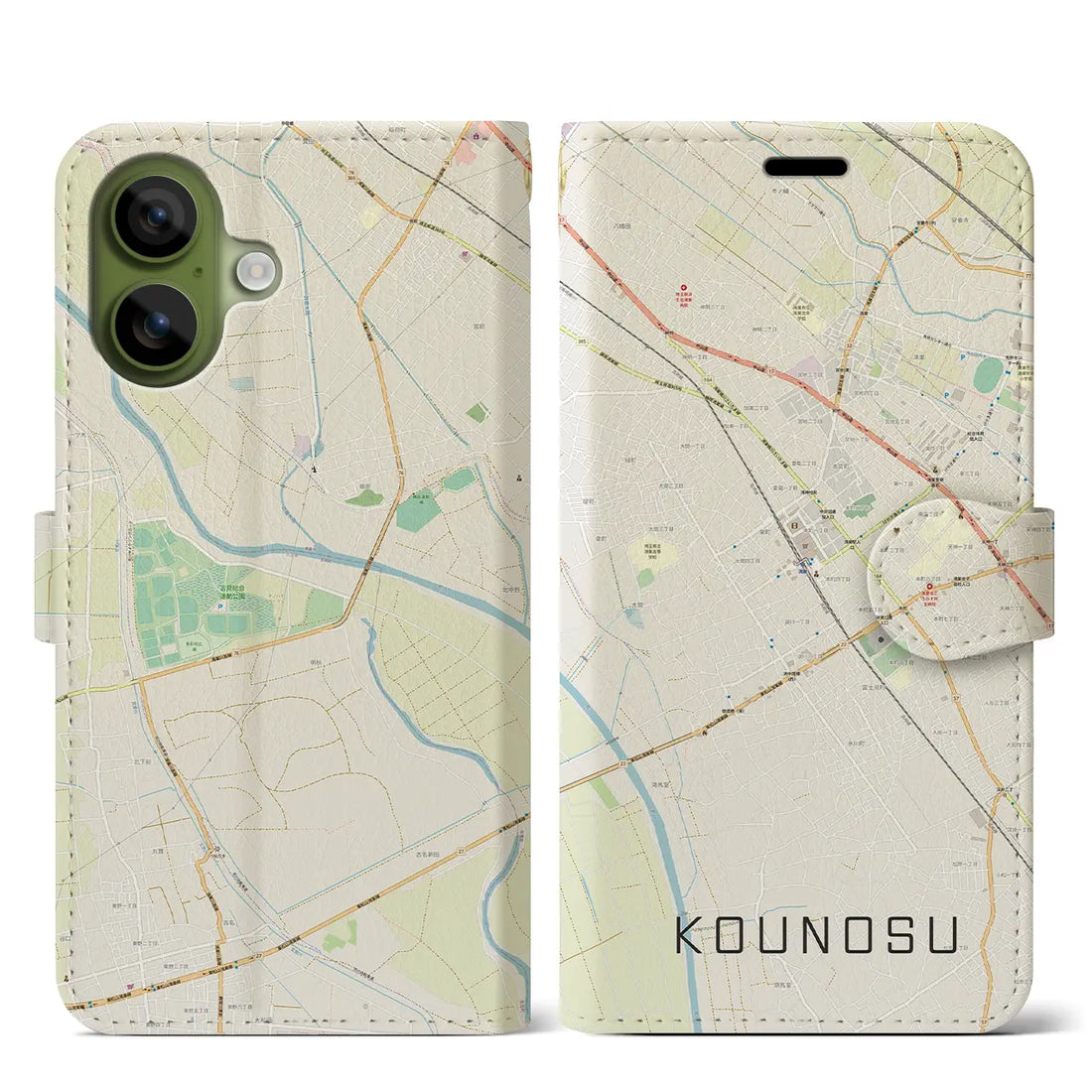 【鴻巣(埼玉県)】地図柄iPhoneケース(手帳タイプ)モノトーン・iPhone 17 Pro Max 用