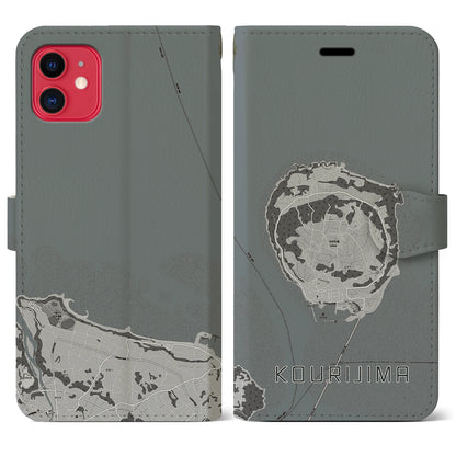 【古宇利島（沖縄県）】地図柄iPhoneケース（手帳タイプ）モノトーン・iPhone 11 用