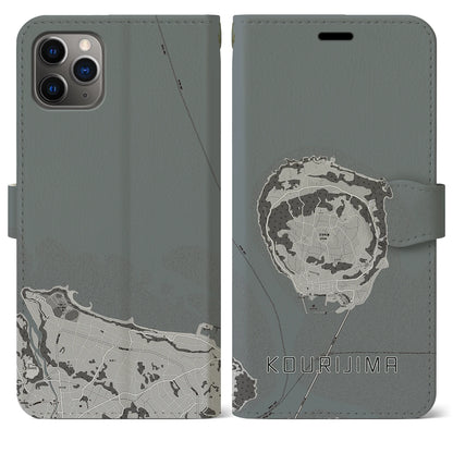 【古宇利島（沖縄県）】地図柄iPhoneケース（手帳タイプ）モノトーン・iPhone 11 Pro Max 用