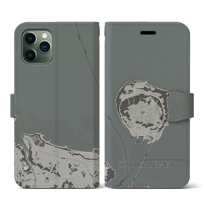 【古宇利島（沖縄県）】地図柄iPhoneケース（手帳タイプ）モノトーン・iPhone 11 Pro 用
