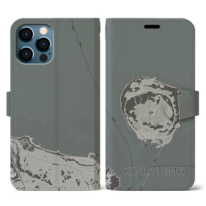 【古宇利島（沖縄県）】地図柄iPhoneケース（手帳タイプ）モノトーン・iPhone 12 / 12 Pro 用