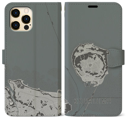 【古宇利島（沖縄県）】地図柄iPhoneケース（手帳タイプ）モノトーン・iPhone 12 Pro Max 用