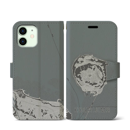 【古宇利島（沖縄県）】地図柄iPhoneケース（手帳タイプ）モノトーン・iPhone 12 mini 用
