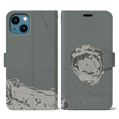 【古宇利島（沖縄県）】地図柄iPhoneケース（手帳タイプ）モノトーン・iPhone 13 用