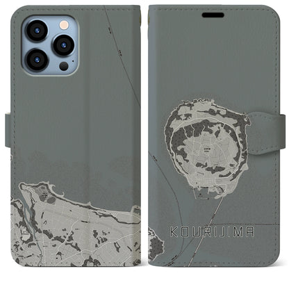 【古宇利島（沖縄県）】地図柄iPhoneケース（手帳タイプ）モノトーン・iPhone 13 Pro Max 用