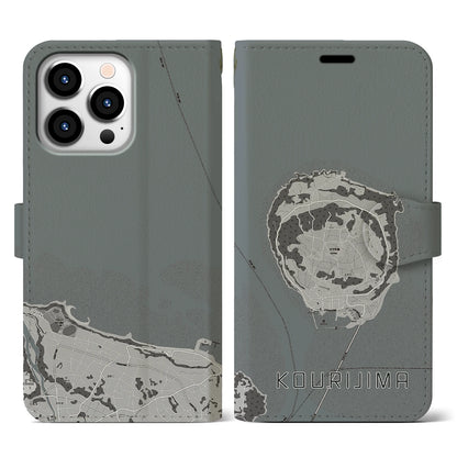 【古宇利島（沖縄県）】地図柄iPhoneケース（手帳タイプ）モノトーン・iPhone 13 Pro 用