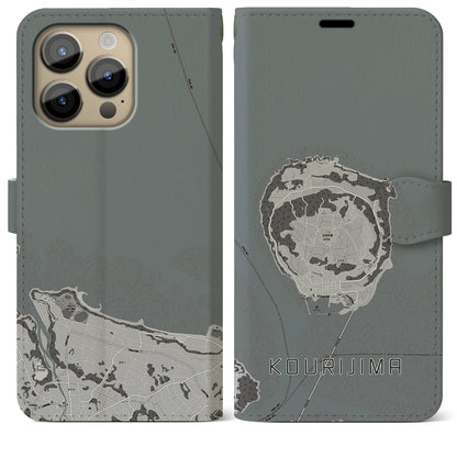 【古宇利島（沖縄県）】地図柄iPhoneケース（手帳タイプ）モノトーン・iPhone 14 Pro Max 用