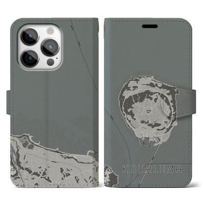 【古宇利島（沖縄県）】地図柄iPhoneケース（手帳タイプ）モノトーン・iPhone 14 Pro 用