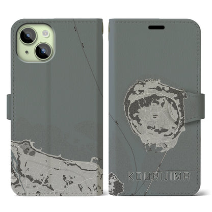 【古宇利島（沖縄県）】地図柄iPhoneケース（手帳タイプ）モノトーン・iPhone 15 用