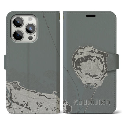 【古宇利島（沖縄県）】地図柄iPhoneケース（手帳タイプ）モノトーン・iPhone 15 Pro 用