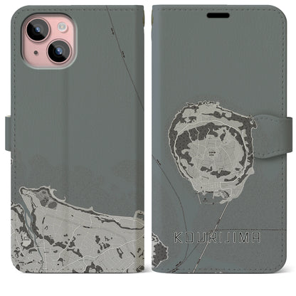 【古宇利島（沖縄県）】地図柄iPhoneケース（手帳タイプ）モノトーン・iPhone 15 Plus 用