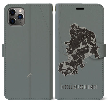 【神津島（東京都）】地図柄iPhoneケース（手帳タイプ）モノトーン・iPhone 11 Pro Max 用