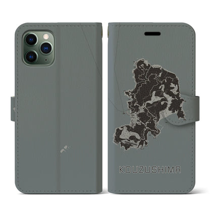 【神津島（東京都）】地図柄iPhoneケース（手帳タイプ）モノトーン・iPhone 11 Pro 用