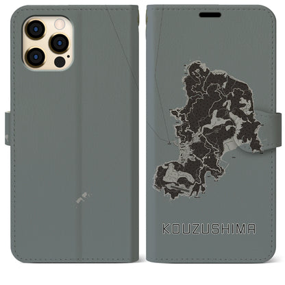 【神津島（東京都）】地図柄iPhoneケース（手帳タイプ）モノトーン・iPhone 12 Pro Max 用