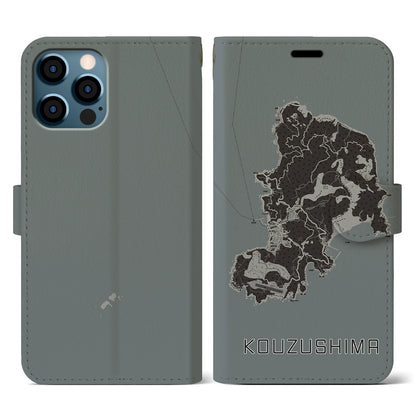 【神津島（東京都）】地図柄iPhoneケース（手帳タイプ）モノトーン・iPhone 12 / 12 Pro 用