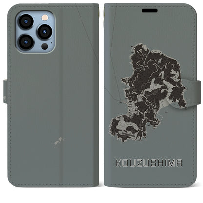 【神津島（東京都）】地図柄iPhoneケース（手帳タイプ）モノトーン・iPhone 13 Pro Max 用