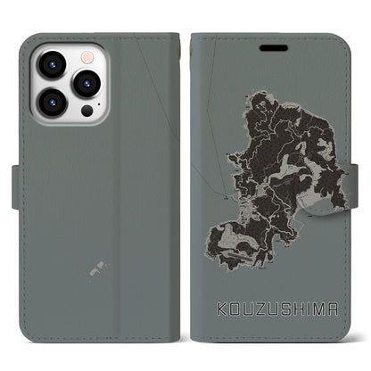 【神津島（東京都）】地図柄iPhoneケース（手帳タイプ）モノトーン・iPhone 13 Pro 用