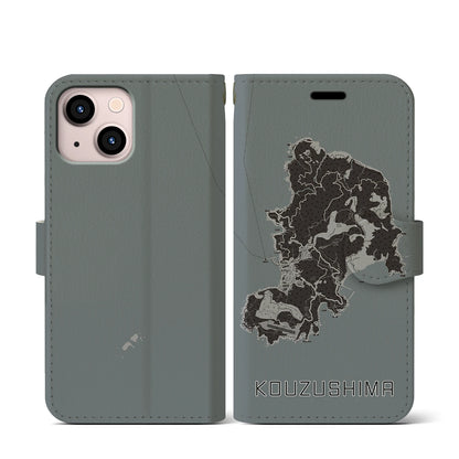 【神津島（東京都）】地図柄iPhoneケース（手帳タイプ）モノトーン・iPhone 13 mini 用