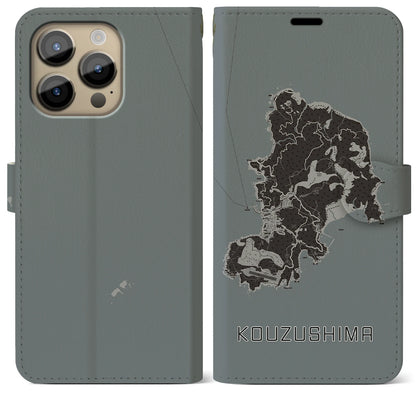 【神津島（東京都）】地図柄iPhoneケース（手帳タイプ）モノトーン・iPhone 14 Pro Max 用