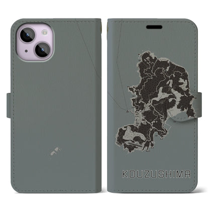 【神津島（東京都）】地図柄iPhoneケース（手帳タイプ）モノトーン・iPhone 14 用