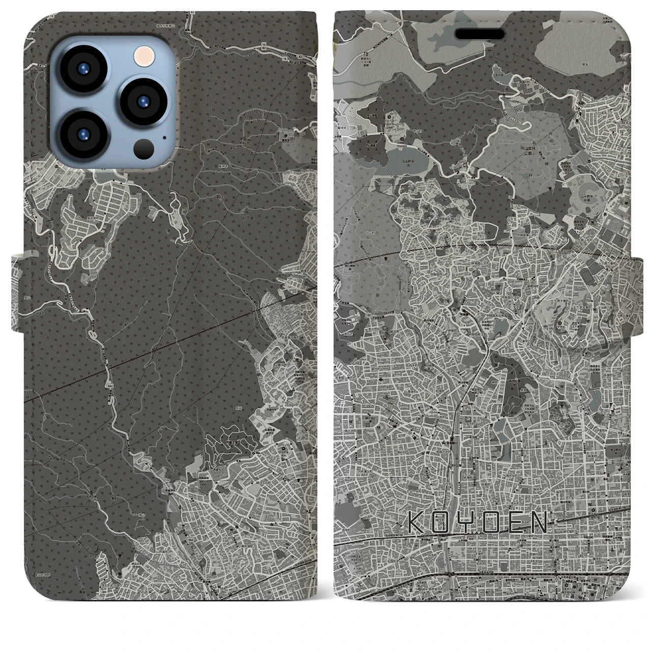 【甲陽園】地図柄iPhoneケース（手帳両面タイプ・モノトーン）iPhone 13 Pro Max 用