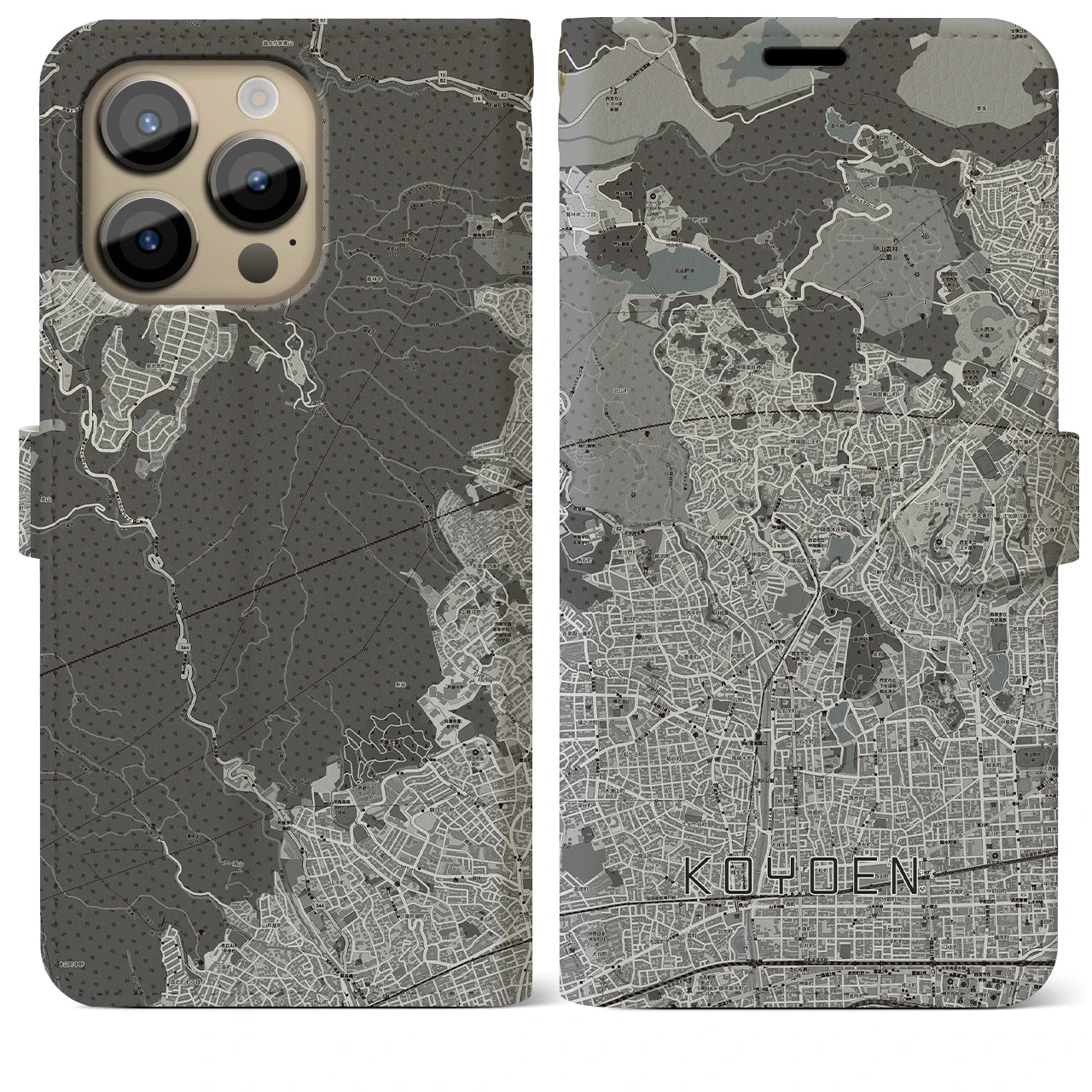 【甲陽園】地図柄iPhoneケース（手帳両面タイプ・モノトーン）iPhone 14 Pro Max 用