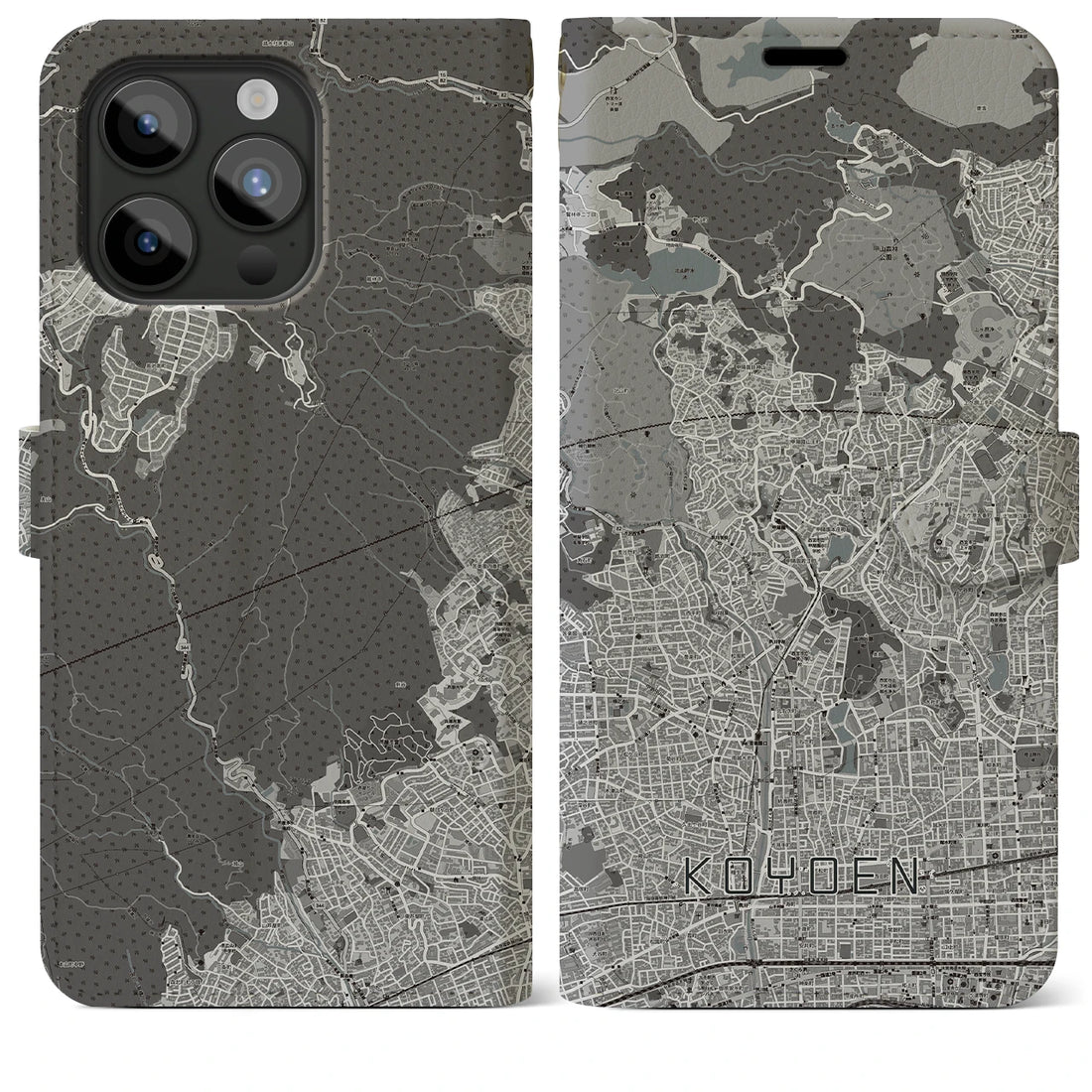 【甲陽園】地図柄iPhoneケース（手帳両面タイプ・モノトーン）iPhone 15 Pro Max 用