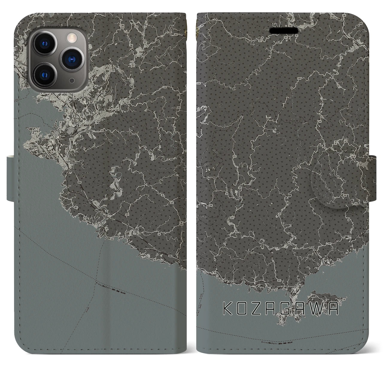 【古座川】地図柄iPhoneケース（手帳両面タイプ・モノトーン）iPhone 11 Pro Max 用