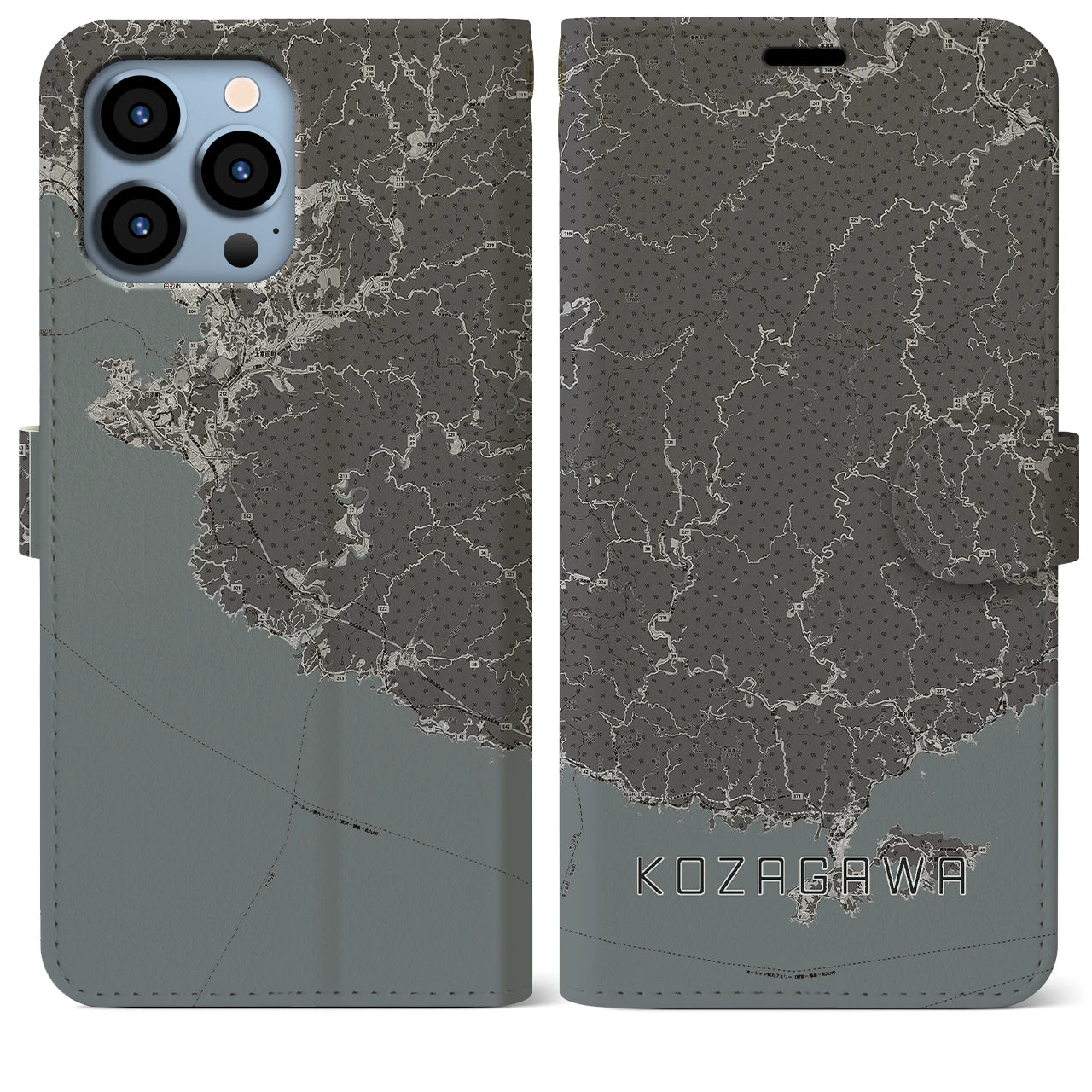【古座川】地図柄iPhoneケース（手帳両面タイプ・モノトーン）iPhone 13 Pro Max 用