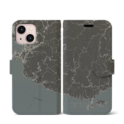 【古座川（和歌山県）】地図柄iPhoneケース（手帳タイプ）モノトーン・iPhone 13 mini 用