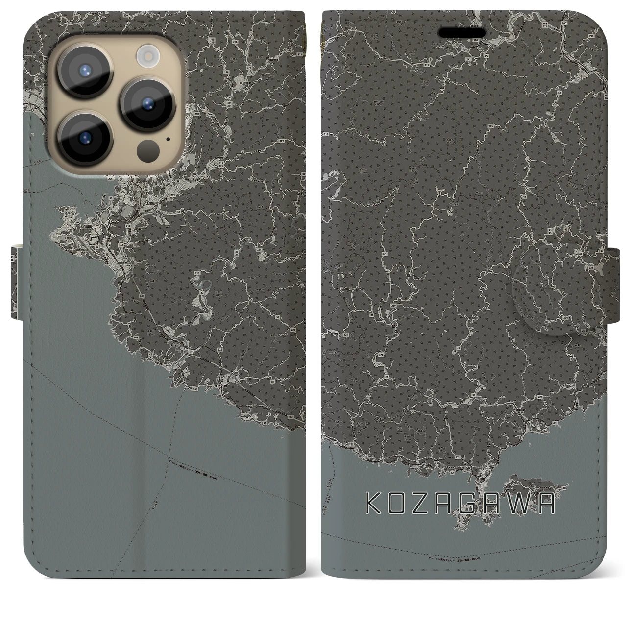 【古座川】地図柄iPhoneケース（手帳両面タイプ・モノトーン）iPhone 14 Pro Max 用