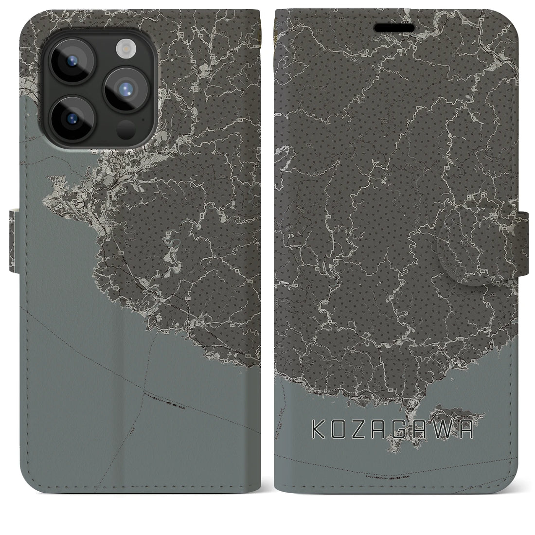 【古座川】地図柄iPhoneケース（手帳両面タイプ・モノトーン）iPhone 15 Pro Max 用