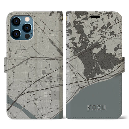 【国府津（神奈川県）】地図柄iPhoneケース（手帳タイプ）モノトーン・iPhone 12 / 12 Pro 用