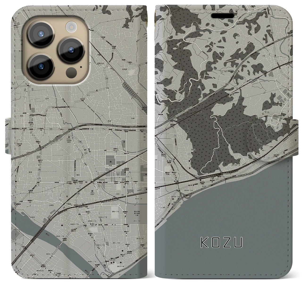 【国府津】地図柄iPhoneケース（手帳両面タイプ・モノトーン）iPhone 14 Pro Max 用