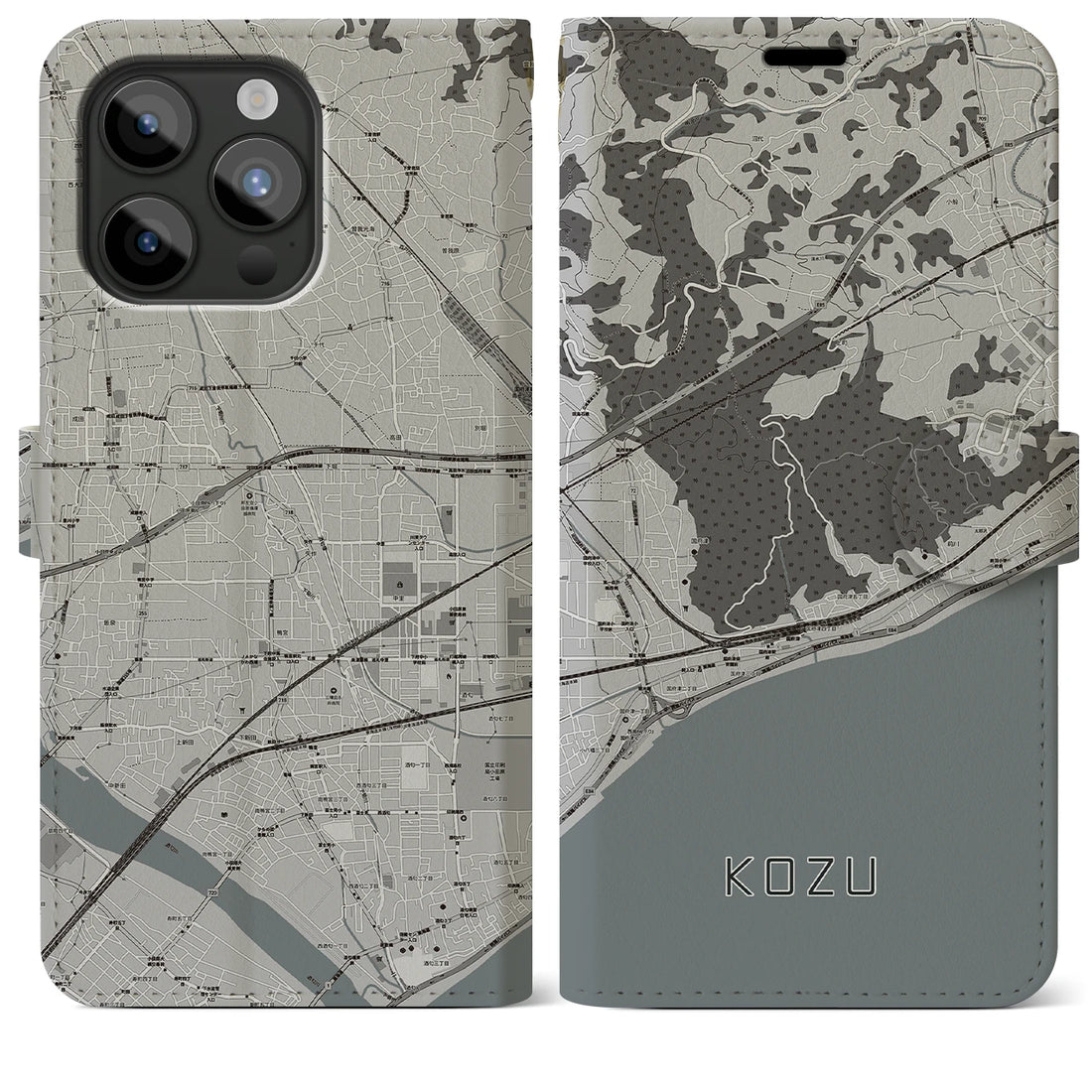 【国府津】地図柄iPhoneケース（手帳両面タイプ・モノトーン）iPhone 15 Pro Max 用