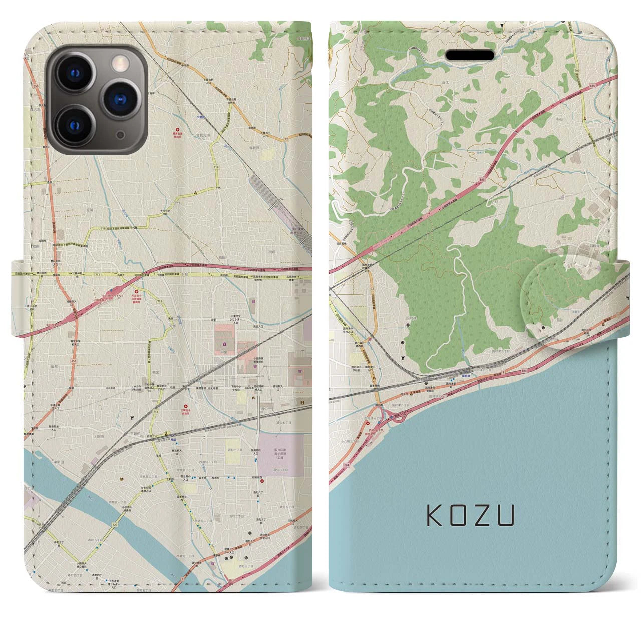 【国府津（神奈川県）】地図柄iPhoneケース（手帳タイプ）ナチュラル・iPhone 11 Pro Max 用