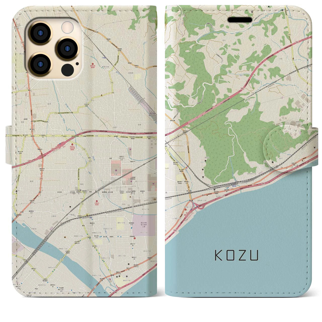 【国府津（神奈川県）】地図柄iPhoneケース（手帳タイプ）ナチュラル・iPhone 12 Pro Max 用