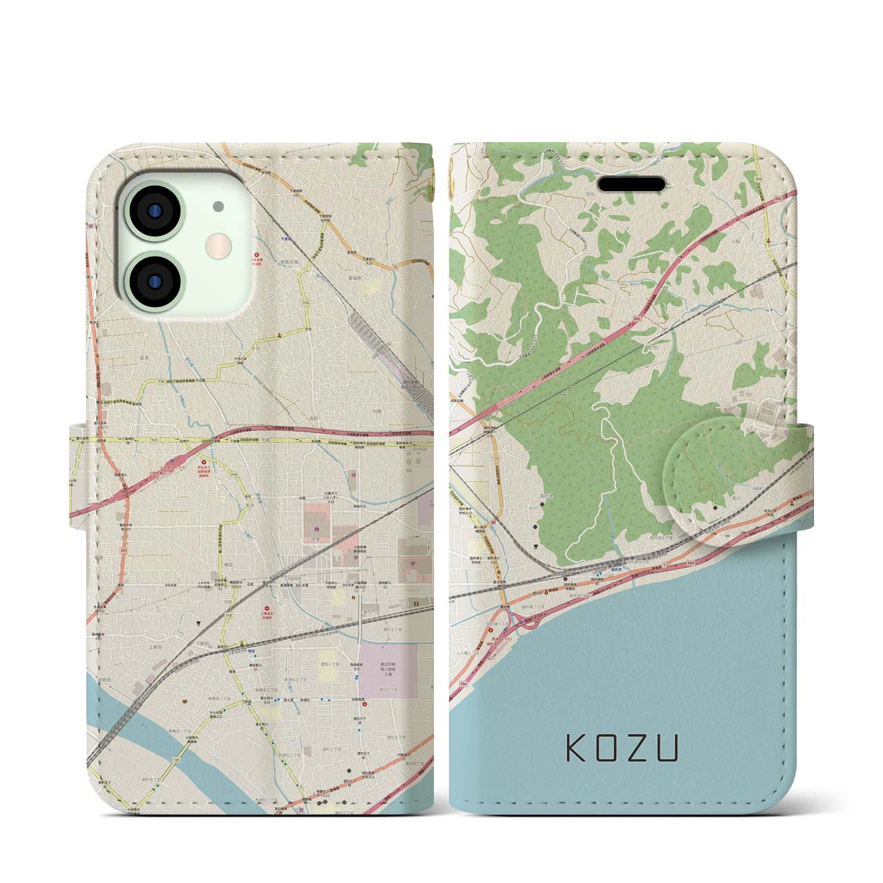 【国府津（神奈川県）】地図柄iPhoneケース（手帳タイプ）ナチュラル・iPhone 12 mini 用