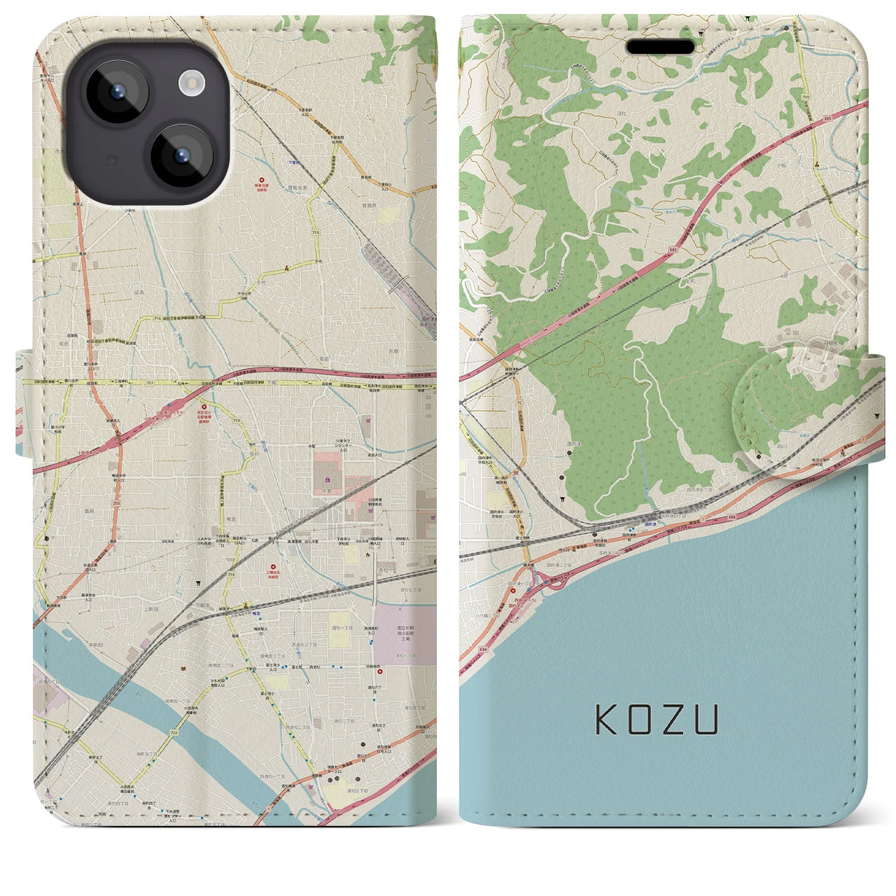 【国府津（神奈川県）】地図柄iPhoneケース（手帳タイプ）ナチュラル・iPhone 14 Plus 用