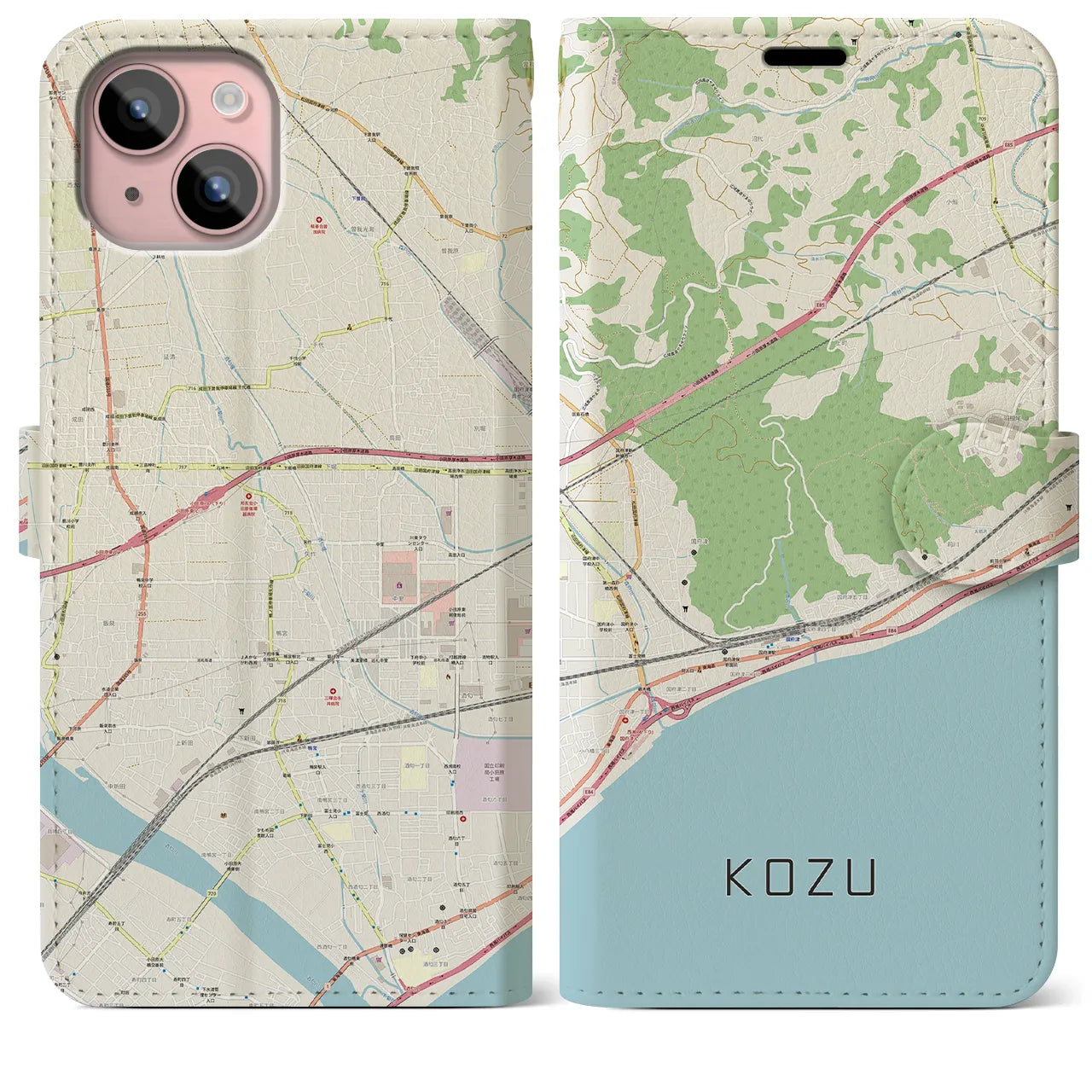 【国府津（神奈川県）】地図柄iPhoneケース（手帳タイプ）ナチュラル・iPhone 15 Plus 用